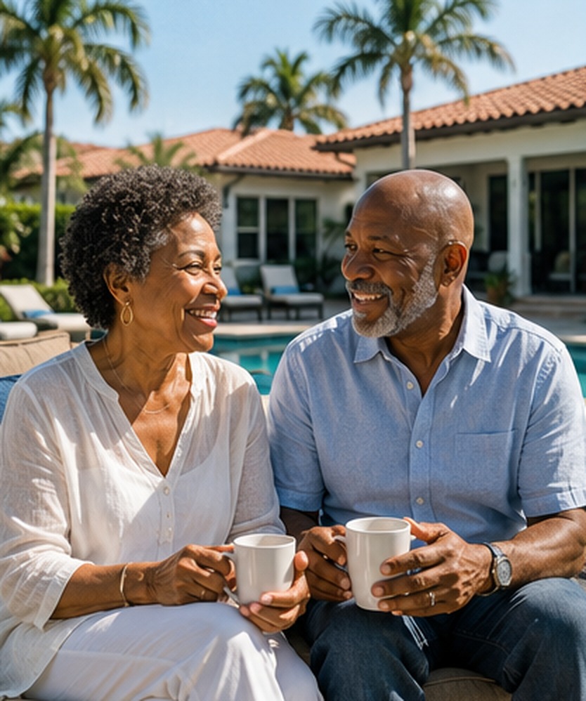 An older couple sitting together with coffee outside their South Florida home, smiling and enjoying retirement
