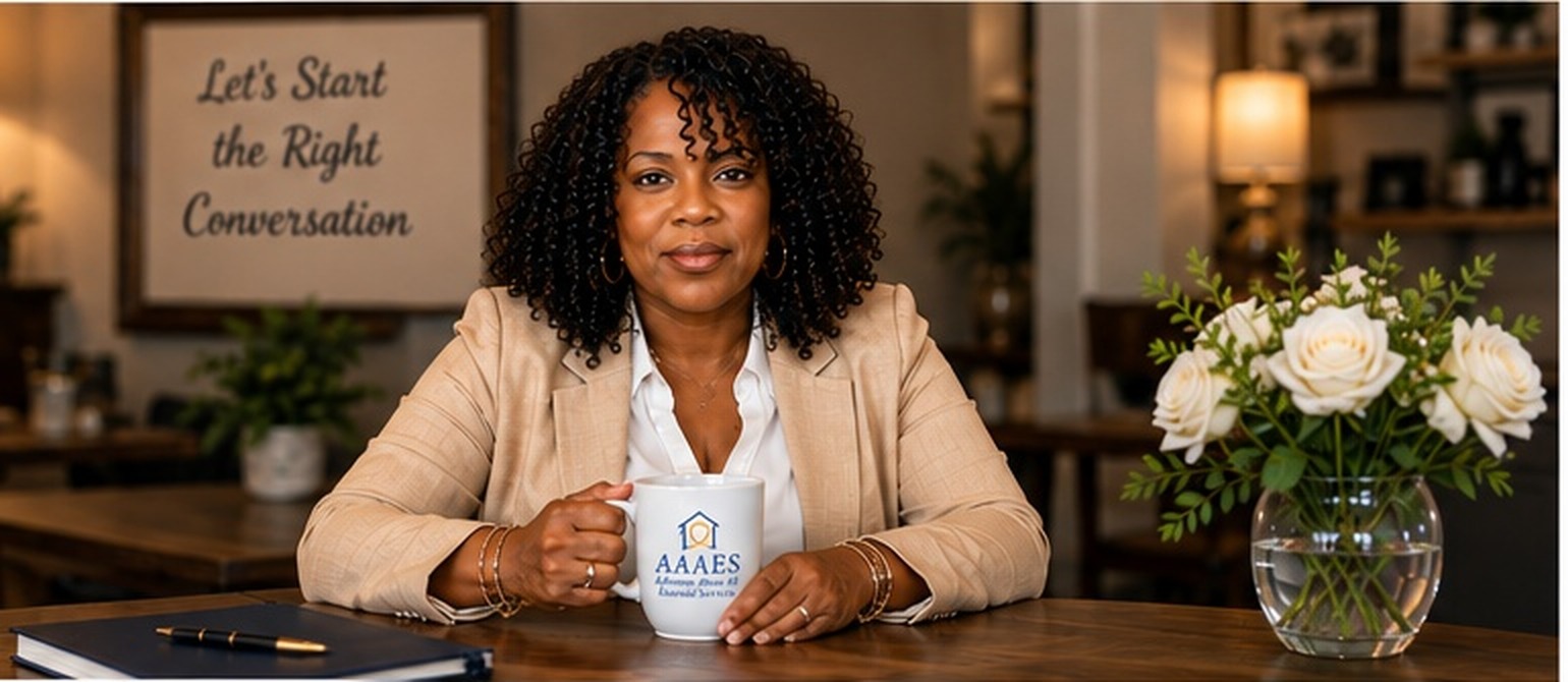 Adrienne Frasier Stephens seated at a table with a coffee mug in a warm, welcoming setting