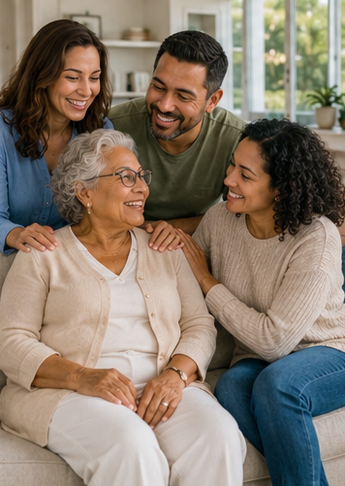 A multigenerational family gathered around an older woman on a sofa at home, talking and laughing together