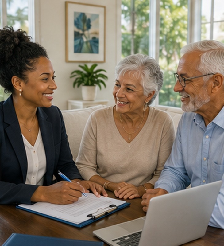 A professional woman meeting with an older couple in their living room, talking together as equals