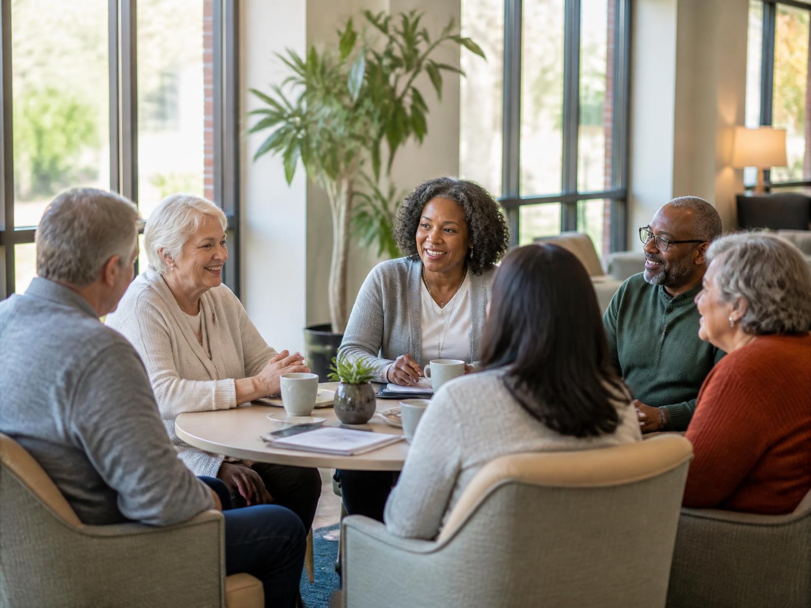 A small group of older adults and adult family members seated around a table with coffee cups and handouts in a bright community room, talking together