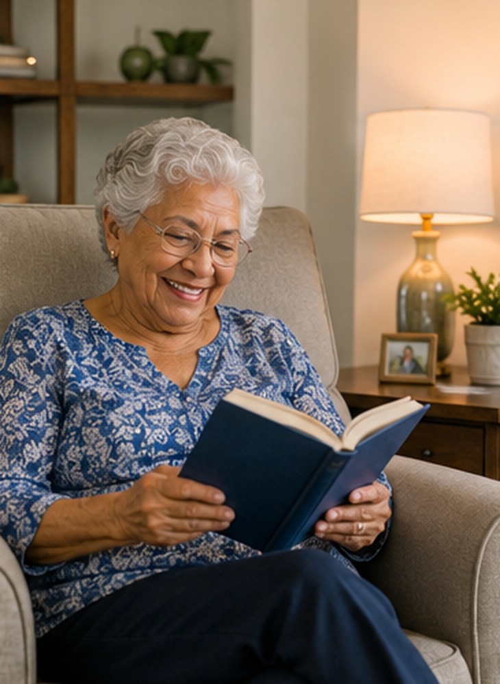 An older woman reading comfortably in an armchair in her organized, well-kept home